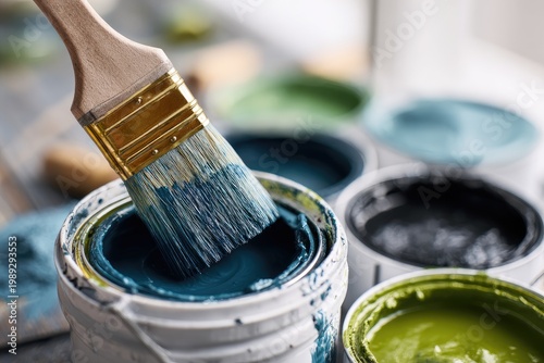 A close-up shot showcases a paintbrush dipped in blue paint, poised above a collection of colorful paint cans, suggesting creativity and artistic endeavors.
