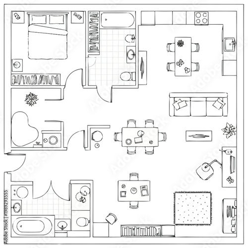 Detailed architectural drawing depicts a floor plan layout of a multi room dwelling section showing furniture placement and room divisions for residential living space design and construction