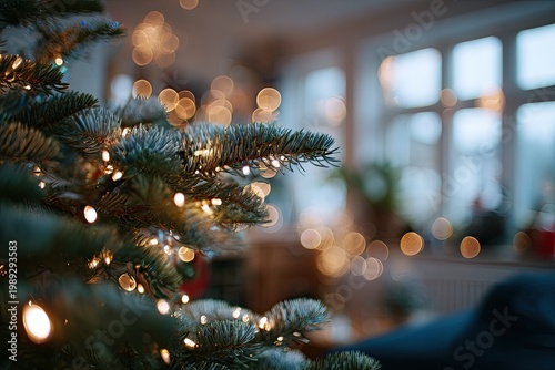 A warmly lit Christmas tree adorned with twinkling lights stands gracefully in a cozy interior, creating a festive and inviting atmosphere.