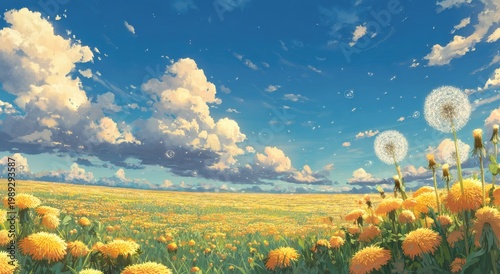 Vibrant dandelion field under blue sky with fluffy clouds