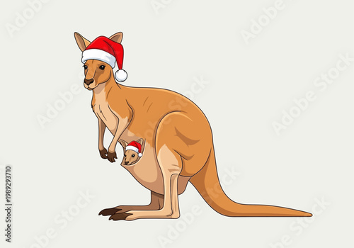 Cute Australian Kangaroo and Joey Wearing Santa Hats for Christmas Illustration