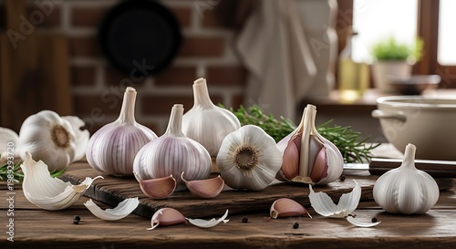 Garlic bulbs on wooden table.