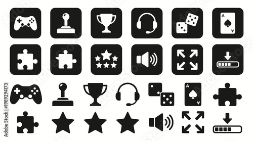 Black and white video game and gaming icons collection including gamepad, joystick, trophy, headset, dice, ace of spades, puzzle pieces, stars, volume, screen scale and download bar kit.