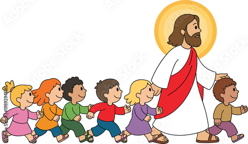 Jesus Christ walking with a group of diverse happy children vector illustration for religious education Sunday school and Christianity