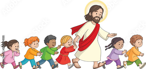 Jesus Christ walking with a group of diverse happy children vector illustration for religious education Sunday school and Christianity