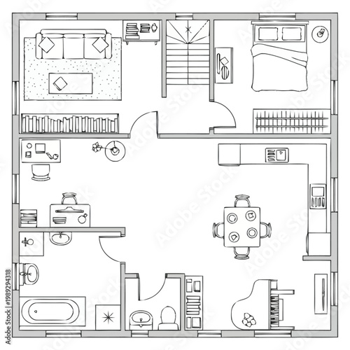 Detailed architectural floor plan drawing showcasing a complete home layout with furniture rooms living space kitchen dining area bedroom and bathroom for visualization and design concepts