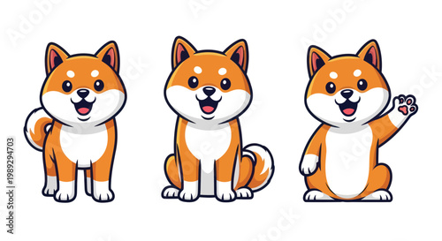 Cute Shiba Inu Dogs Collection, Cartoon Style, Different Poses