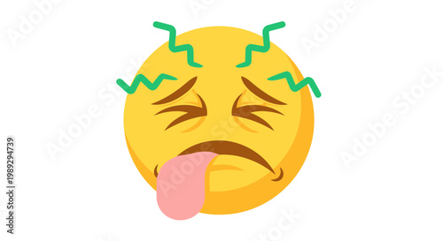 Emoji face feeling hot and tired, with sweat drops and tongue out, isolated on white.