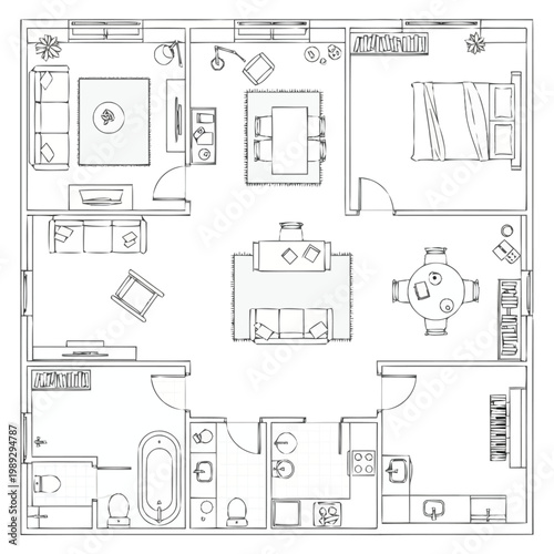 A meticulously drawn blueprint displays the comprehensive layout of a spacious apartment floor plan showcasing furniture arrangements within multiple rooms including bedrooms living areas