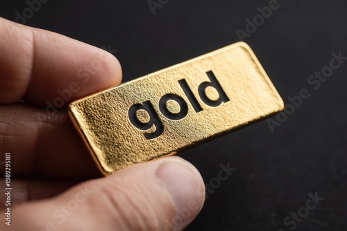Close-up of a Hand Holding a Gold Bar with the Word gold Engraved.