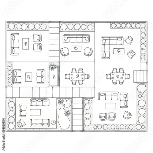 Blueprint layout of a residential floor plan showcasing spacious living areas dining rooms and outdoor landscaping designs with precise architectural drawing elements for property development