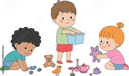 Group of diverse happy children playing with toys together vector illustration for preschool kindergarten and early childhood development