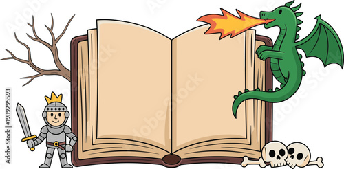 Open fantasy storybook vector illustration with a brave knight dragon fire and skulls for storytelling adventure and creative writing