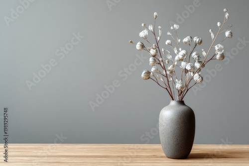 A minimalist still life showcases a textured ceramic vase holding delicate, dried seed pods against a muted gray backdrop, creating a serene and modern aesthetic.