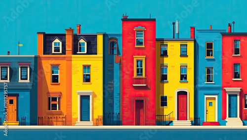 A vibrant row of colorful townhouses stands against a clear blue sky.