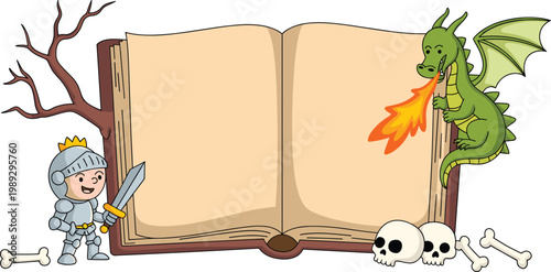 Open fantasy storybook vector illustration with a brave knight dragon fire and skulls for storytelling adventure and creative writing