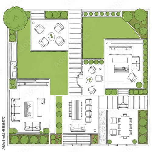 Aerial perspective of a meticulously designed outdoor living area and garden layout showcasing sophisticated furniture placement for leisure and dining enjoyment with lush green spaces and