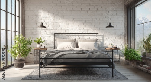 A modern bedroom features a black metal bed frame, white brick walls, and large windows overlooking a scenic mountain landscape, creating a serene and stylish retreat.