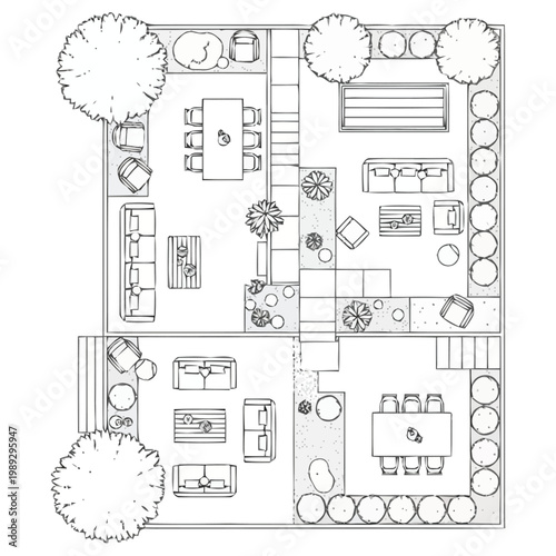 Architectural drawing of a residential home layout showcasing interior furnishings and exterior landscaping designs with a top down perspective for residential planning and property development