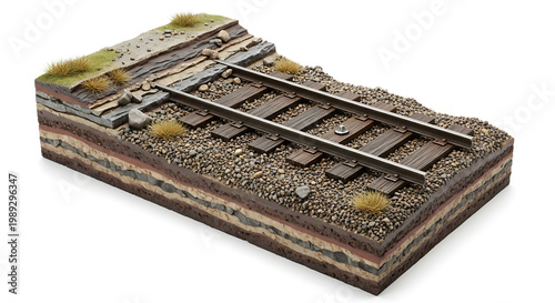 Intricate miniature model displaying railway track foundation, ballast, and stratified ground layers for engineering study
