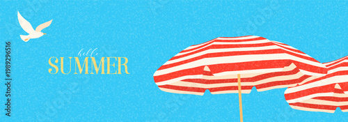 Summer Vacation Abstract Minimal Background. Colorful flat vector background with striped beach umbrellas and seagull on background of blue sky. Summer design for vacation and travel baner.