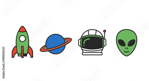 Cartoon space exploration icons rocket planet astronaut and alien