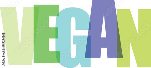 The word vegan spelled out in colorful overlapping letters on a transparent background