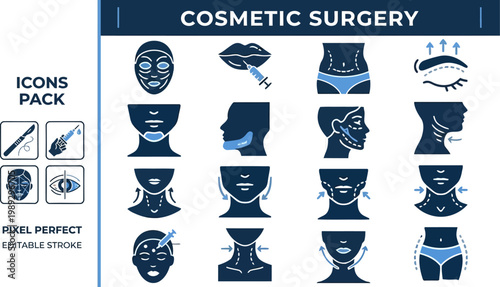 Cosmetic surgery facial plastic anatomy and botox solid blue icons