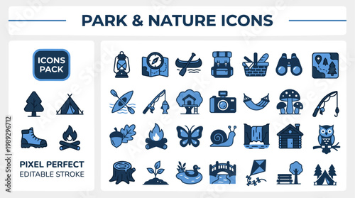 Nature camping hiking and outdoor wildlife solid blue vector icons