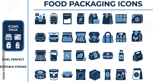 Food packaging container and grocery product solid blue vector icons