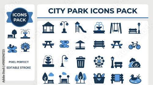 Public playground recreation pavilion and park equipment solid icons