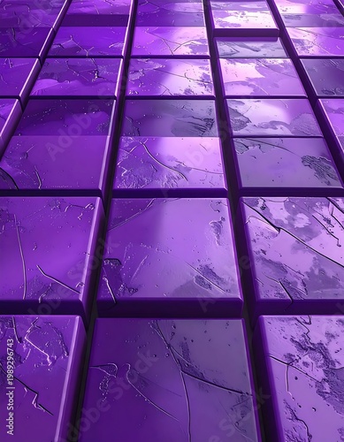 Abstract Purple Geometric Grid Of Square Blocks 3d Rendered Digital Art With Textured Surfaces And Reflective Violet Tones In Perspective