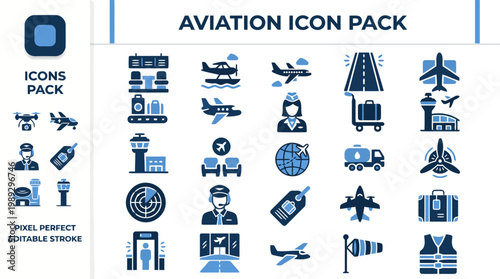 Aviation flight airport terminal and plane travel solid blue icons