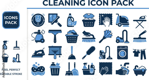 Household cleaning chore and janitorial supplies solid blue vector icons