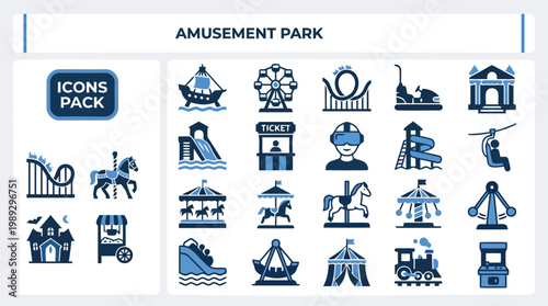 Amusement park carnival rides and funfair solid blue vector icons