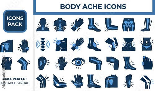 Human body ache joint pain and anatomy solid blue vector icons