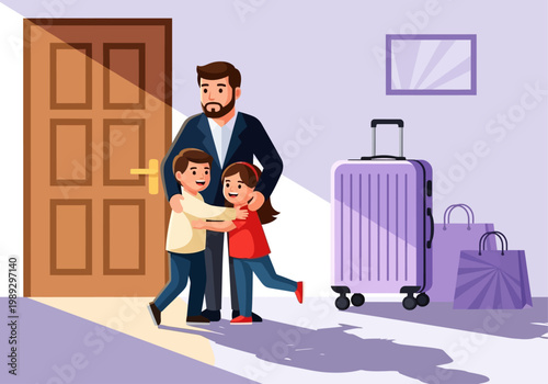 Happy Father Coming Home from Business Trip Hugging Children, Homecoming Family Reunion Flat Vector Illustration with Suitcase and Shopping Bags