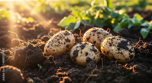 Potatoes in soil with sunlight.