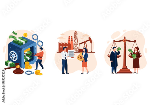 Corruption and Financial Crime Vector Illustration Set Representing Bribery, Industrial Lobbying, and Judicial Injustice Concepts