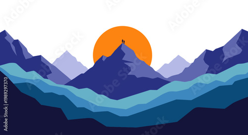 Silhouetted figures stand atop a mountain peak under a large orange sun