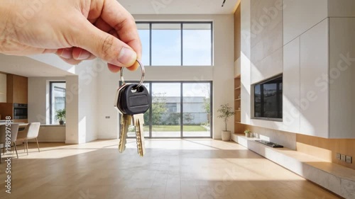 Hand Holding Keys in a Modern, Empty Luxury Home Interior - Real Estate and New House Concept