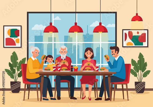 Happy Multi-Generational Family Eating Fast Food Burgers and Fries Together in a Modern Restaurant Interior Vector Illustration