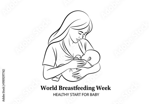 Mother Breastfeeding Baby Minimalist Line Art Illustration for World Breastfeeding Week - Healthy Start Concept Vector