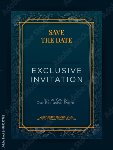 luxury wedding invitation with glossy realistic floral motif and sophisticated gold detail.Can be used for book cover, wedding, gala dinner, VIP event, corporate certificates, packaging