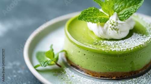 Delicate Matcha Green Tea Cheesecake with Whipped Cream and Mint Garnish on a Rustic Blue Background