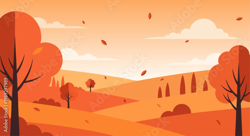 Autumn landscape with vibrant orange hues, falling leaves, and rolling hills.
