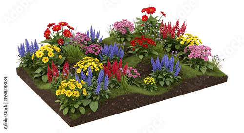 Vibrant and diverse flourishing flower garden bed showcasing a rich array of colorful blossoms