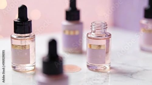 Pink serum dropper bottles on marble. Elegant skincare, cosmetic, and essential oil packaging display with soft lighting.