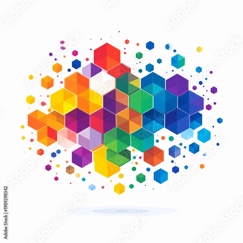 Abstract Colorful Geometric Hexagon Pattern with Floating Dots and Particles - Digital Art