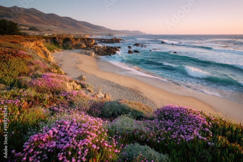 A breathtaking coastal landscape showcases a vibrant field of wildflowers cascading down to a sandy beach, with rolling mountains and the Pacific Ocean shimmering under a warm sunset glow.